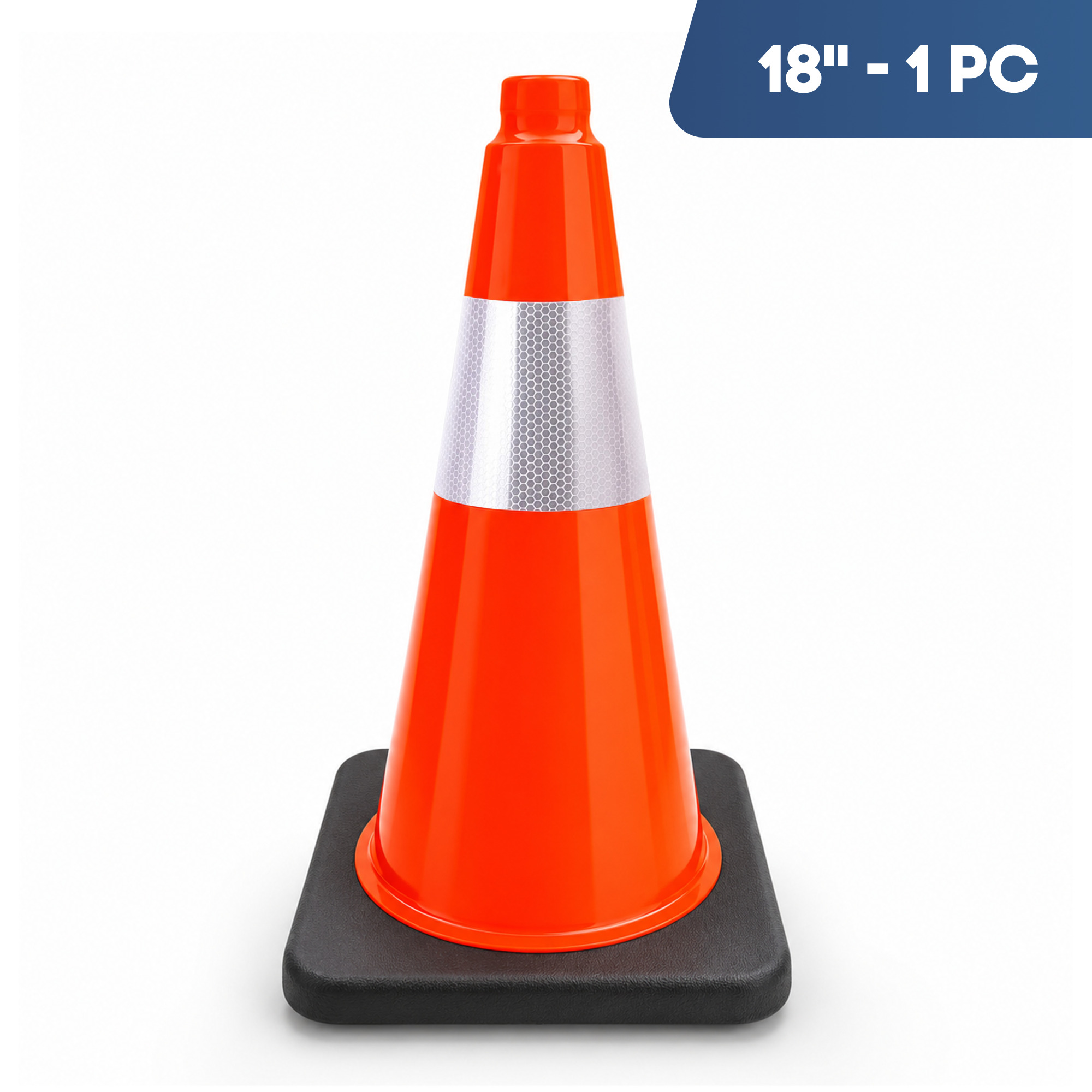 Traffic Safety Cone 18’’ with Heavy Black Base and Reflective Collar - 1 PK, Orange, PVC, Model #97118